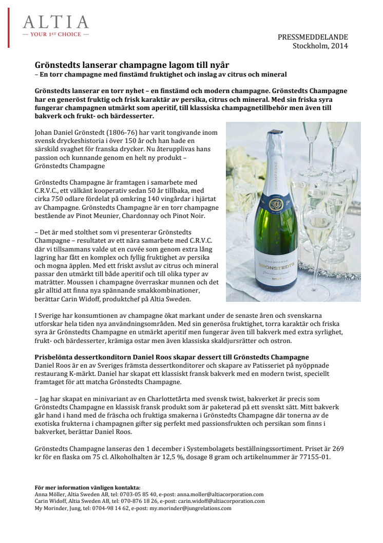 Grönstedts lanserar champagne lagom till nyår 