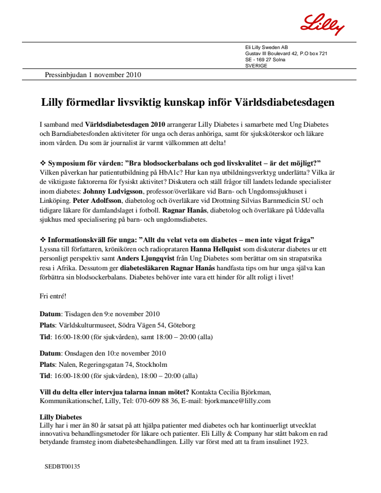 Pressinbjudan: Lilly förmedlar livsviktig kunskap inför Världsdiabetesdagen