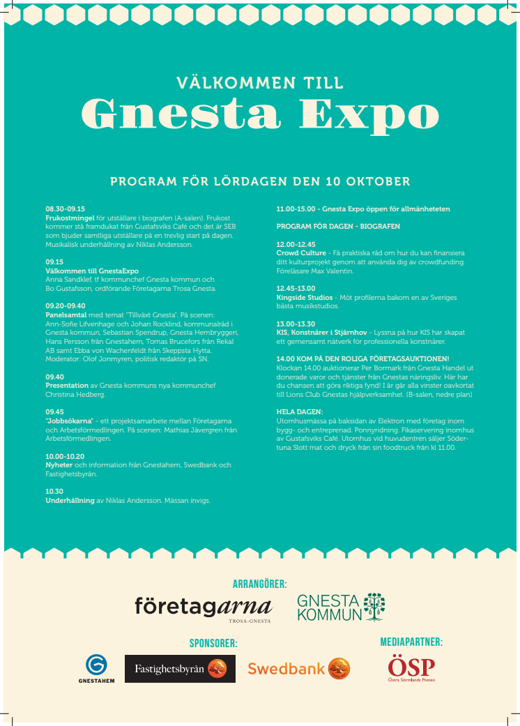Program för dagen Gnesta Expo 10 oktober 2105