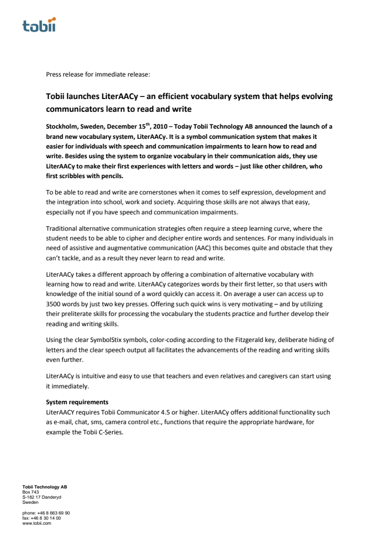 Tobii launches LiterAACy – an efficient vocabulary system that helps evolving communicators learn to read and write