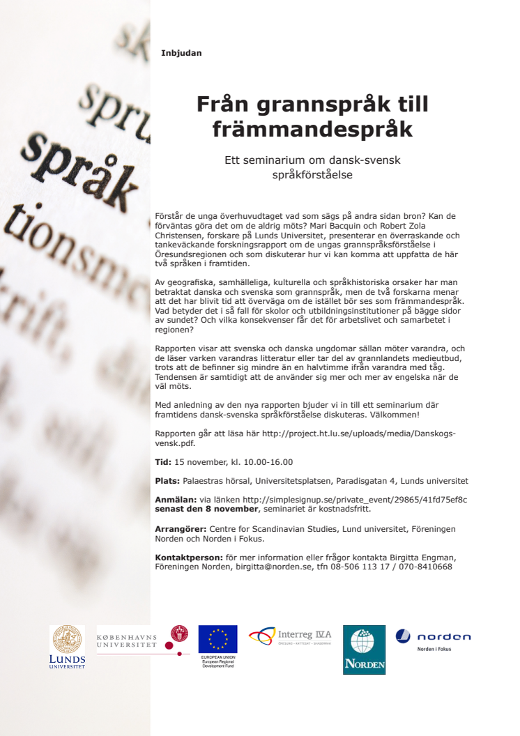 Från grannspråk till främmandespråk - ett seminarium om dansk-svensk språkförståelse 