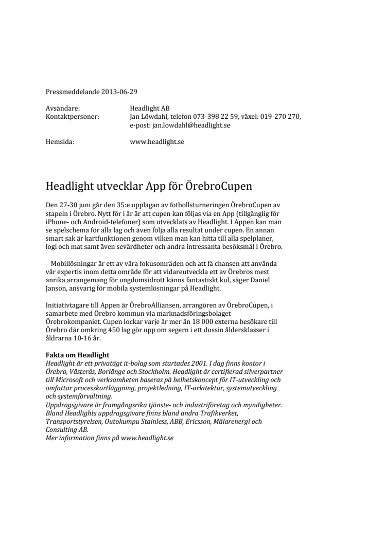 Headlight utvecklar App för ÖrebroCupen