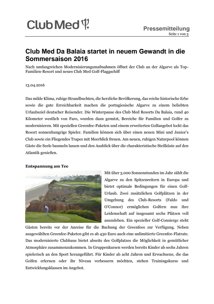 Club Med Da Balaia startet in neuem Gewandt in die Sommersaison 2016