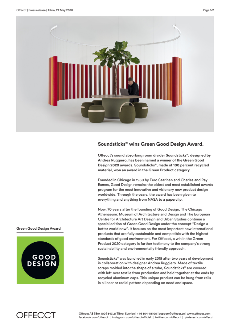 Offecct Press release Green Good Design Award 2020 Soundsticks® by Andrea Ruggiero_EN