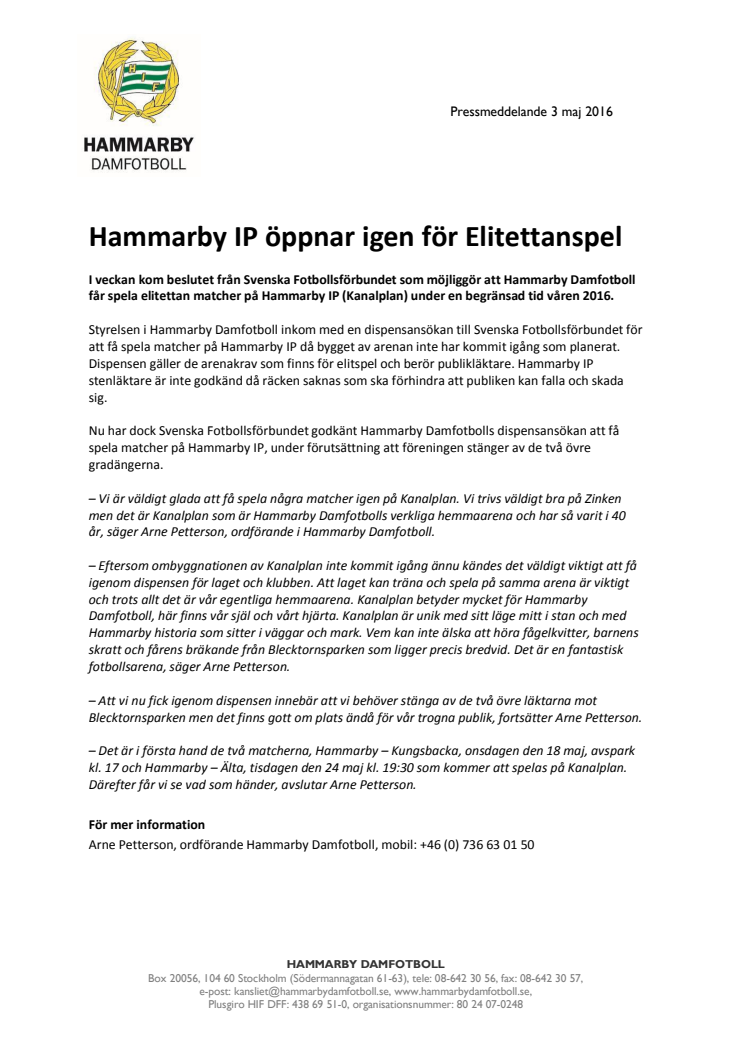 Hammarby IP öppnar igen för Elitettanspel