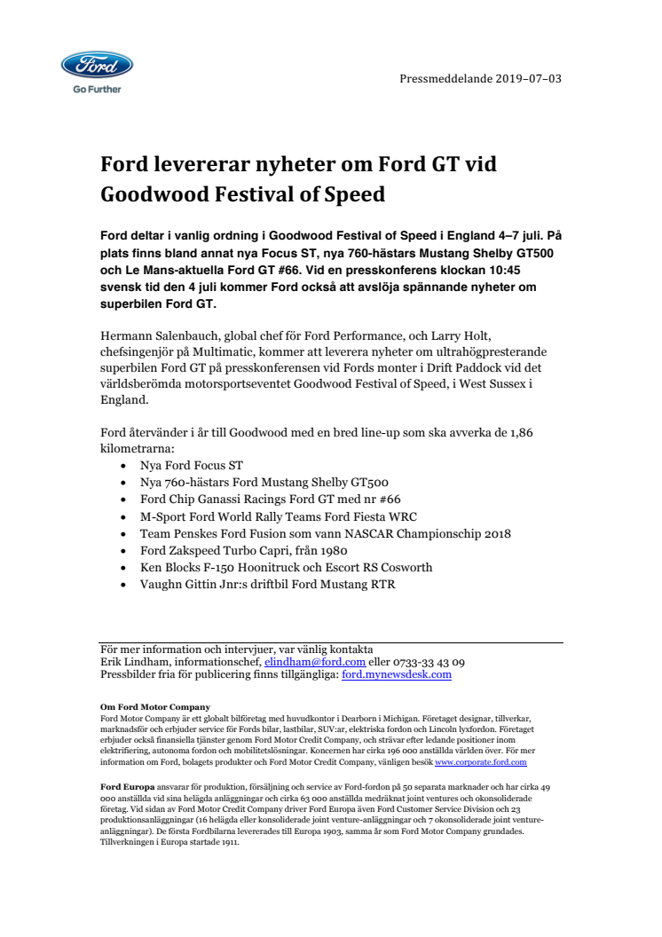 Ford levererar nyheter om Ford GT vid Goodwood Festival of Speed