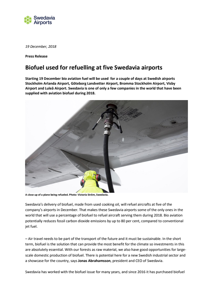 Biofuel used for refuelling at five Swedavia airports