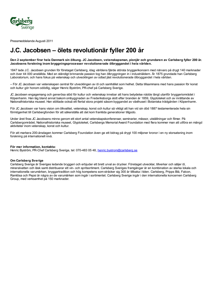 J.C. Jacobsen – ölets revolutionär fyller 200 år