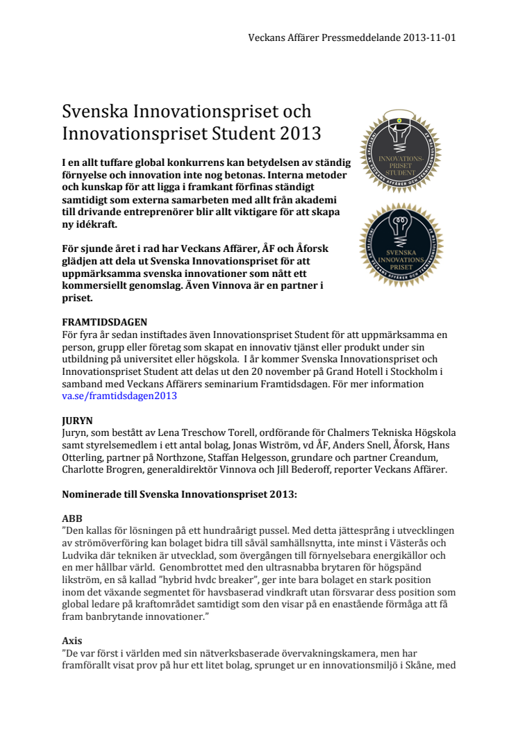 Svenska Innovationspriset och Innovationspriset Student 2013