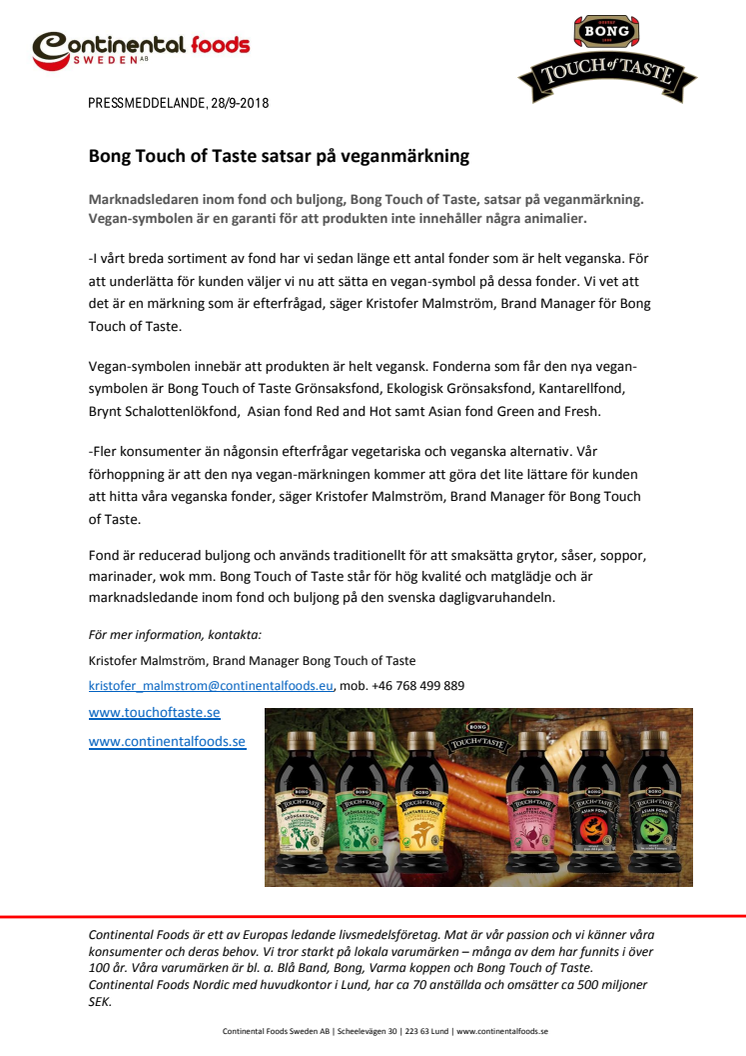Bong Touch of Taste satsar på veganmärkning   