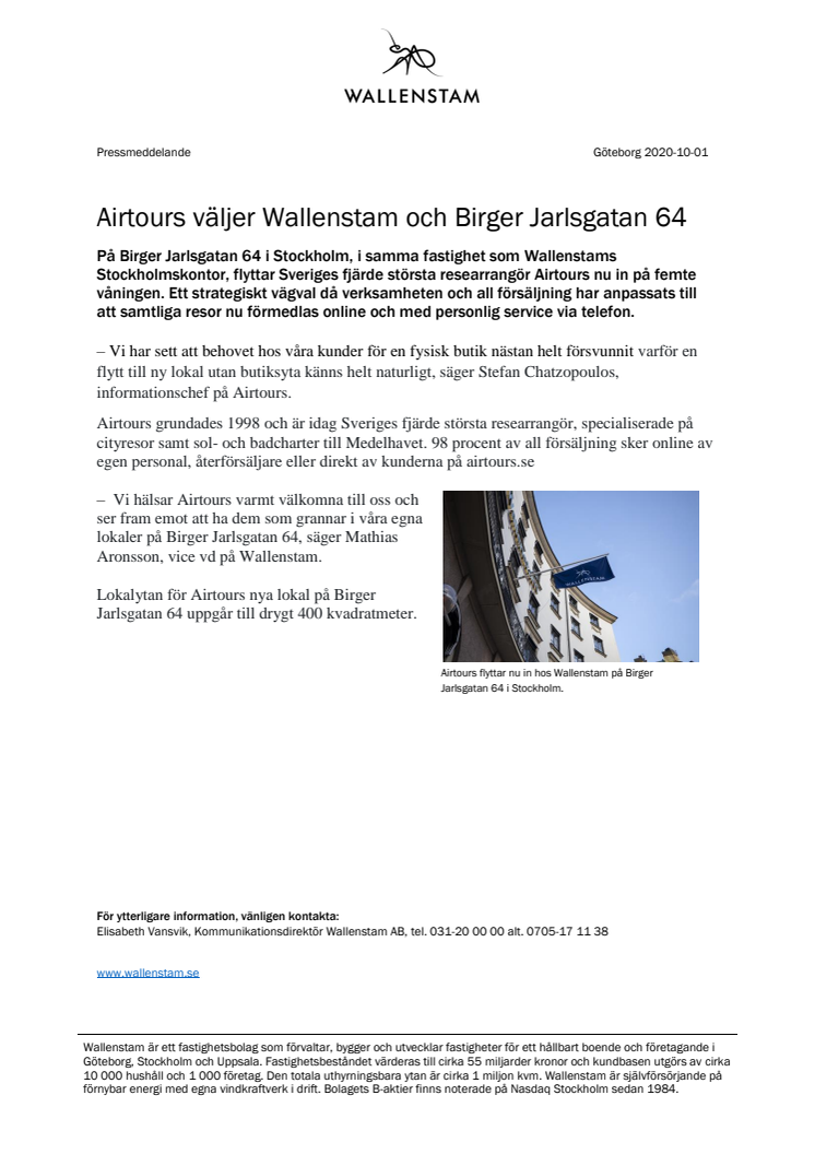 Airtours väljer Wallenstam och Birger Jarlsgatan 64 