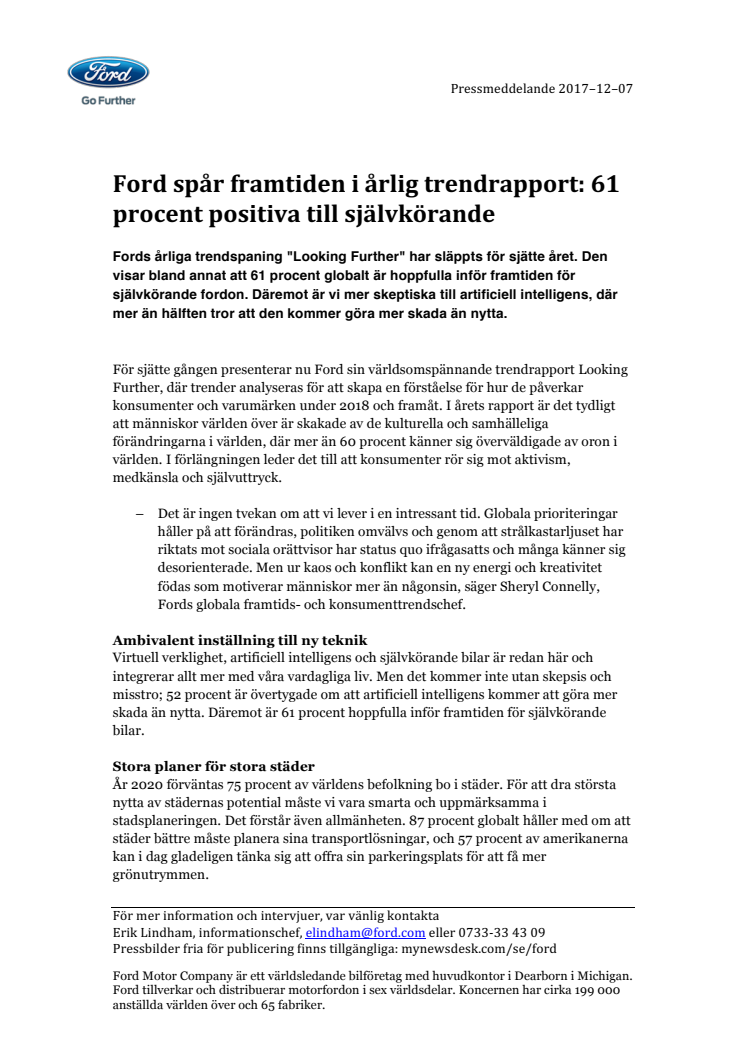 Ford spår framtiden i årlig trendrapport: 61 procent positiva till självkörande