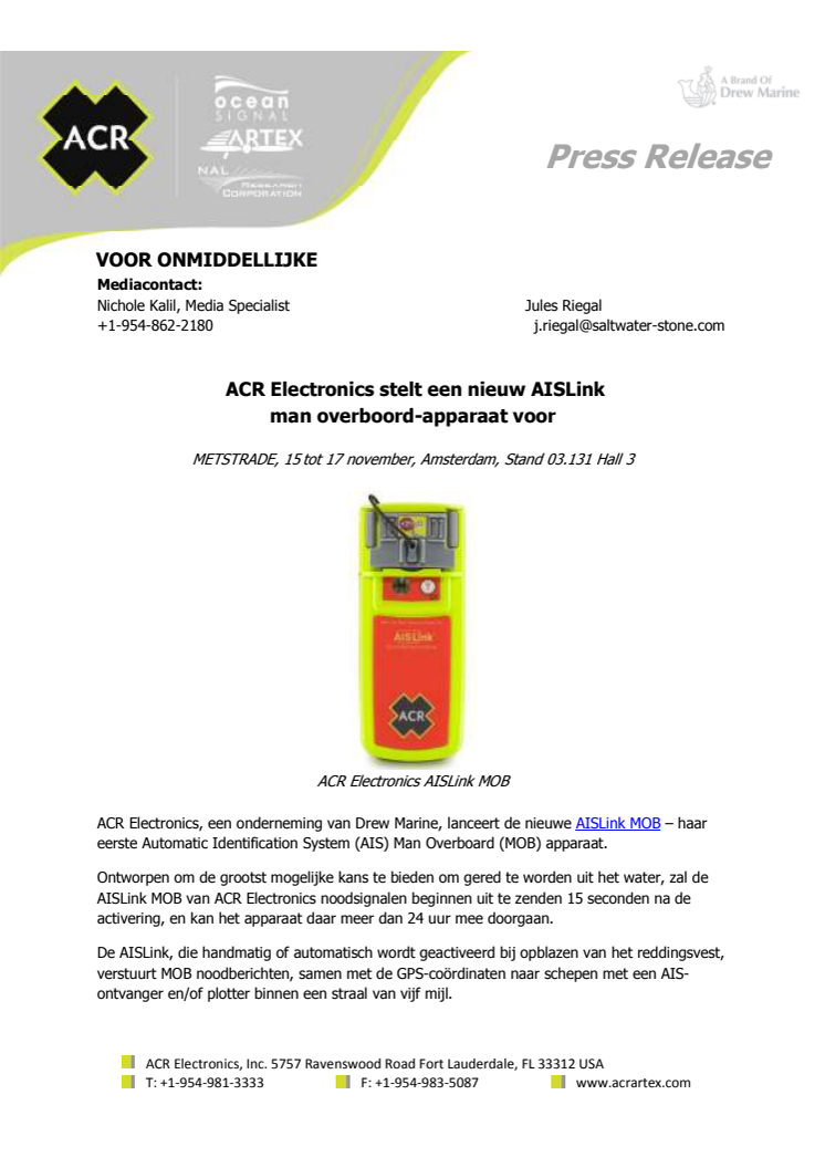 ACR Electronics stelt een nieuw AISLink man overboord-apparaat voor