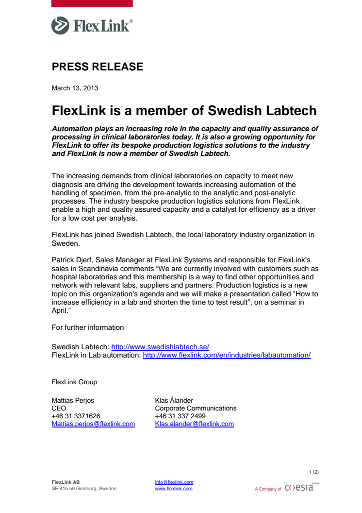 FlexLink is a member of Swedish Labtech