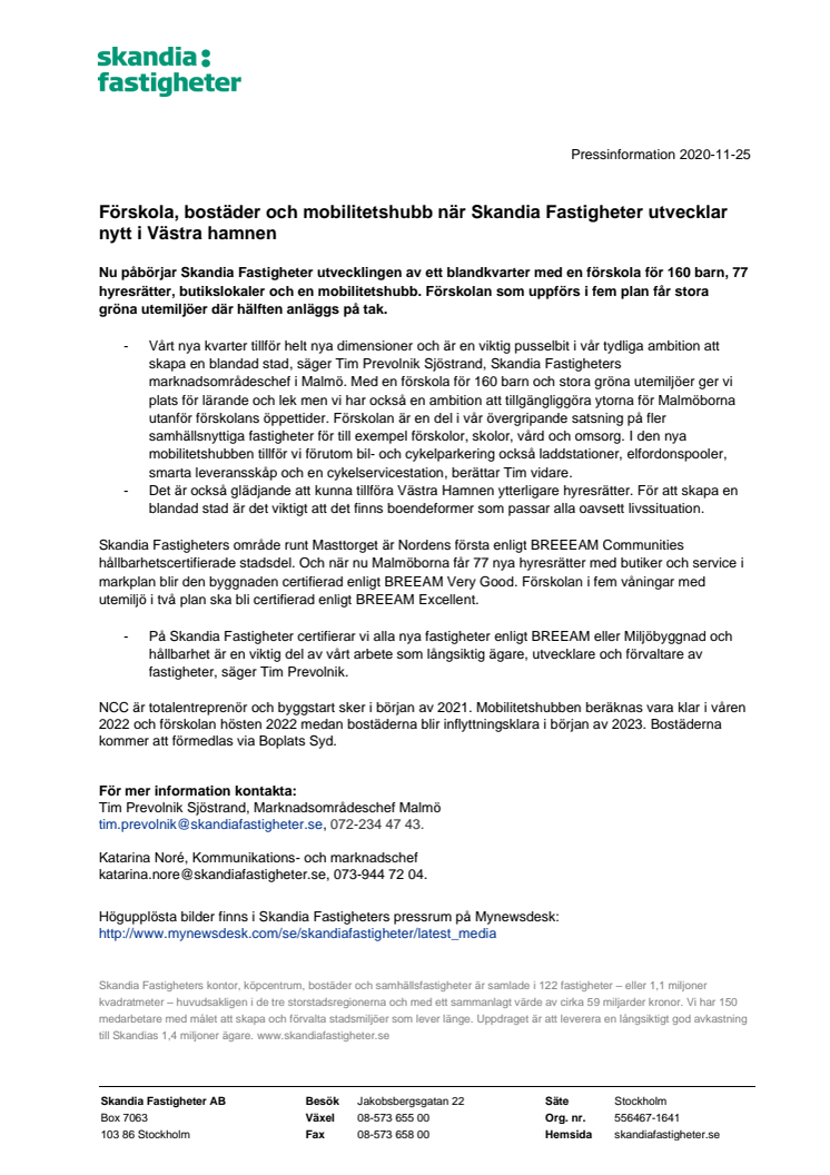 Förskola, bostäder och mobilitetshubb när Skandia Fastigheter utvecklar nytt i Västra hamnen