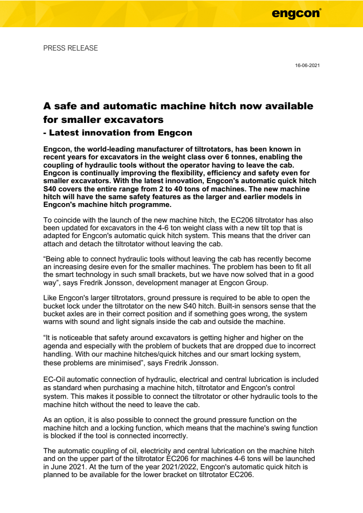 160621_Press_A safe and automatic machine hitch now available for smaller excavators