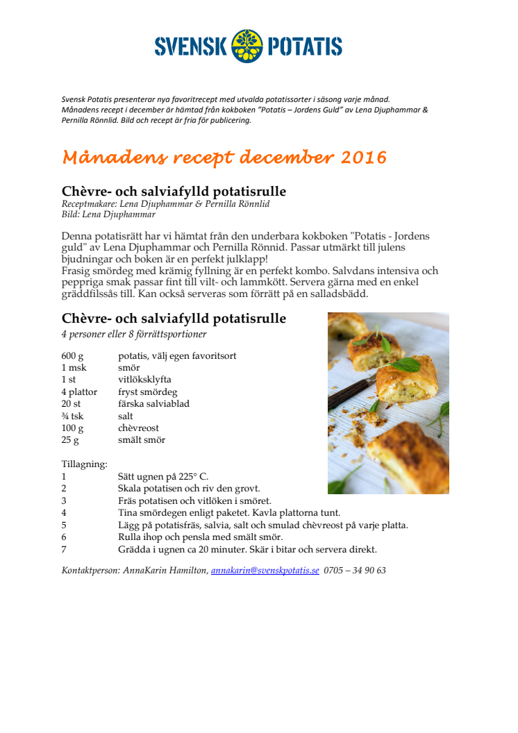 Månadens recept december - Chèvre- och salviafylld potatisrulle