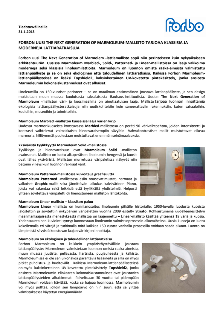 Forbon uusi The Next Generation Of Marmoleum-mallisto tarjoaa klassisia ja moderneja lattiaratkaisuja