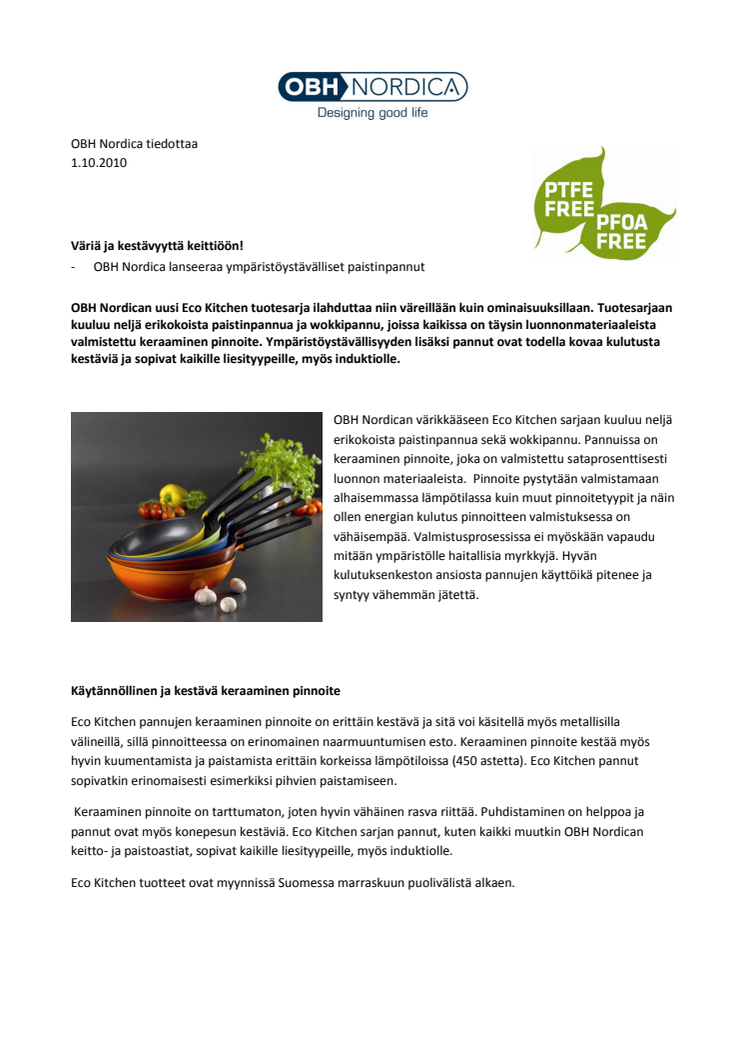 Väriä ja kestävyyttä keittiöön! OBH Nordica lanseeraa ympäristöystävälliset paistinpannut