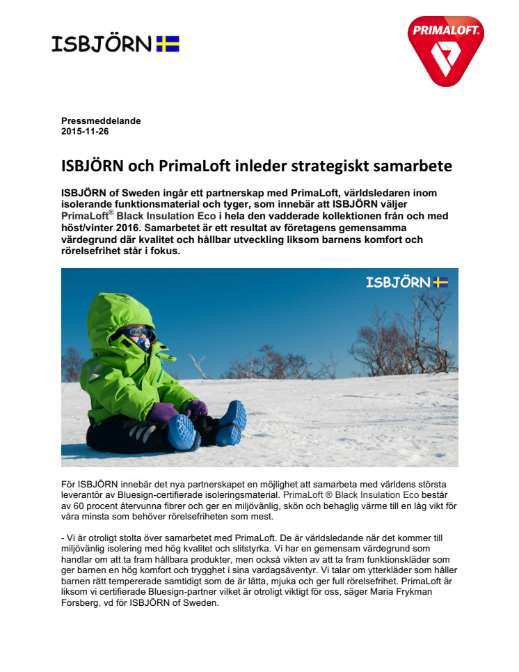 ISBJÖRN och PrimaLoft inleder strategiskt samarbete 