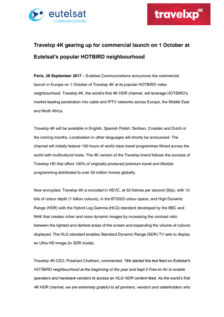 Travelxp 4K gearing up for commercial launch on 1 October at Eutelsat’s popular HOTBIRD neighbourhood 