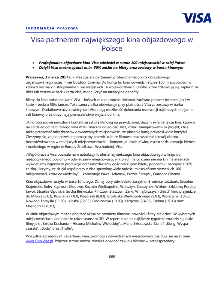 Visa partnerem największego kina objazdowego w Polsce