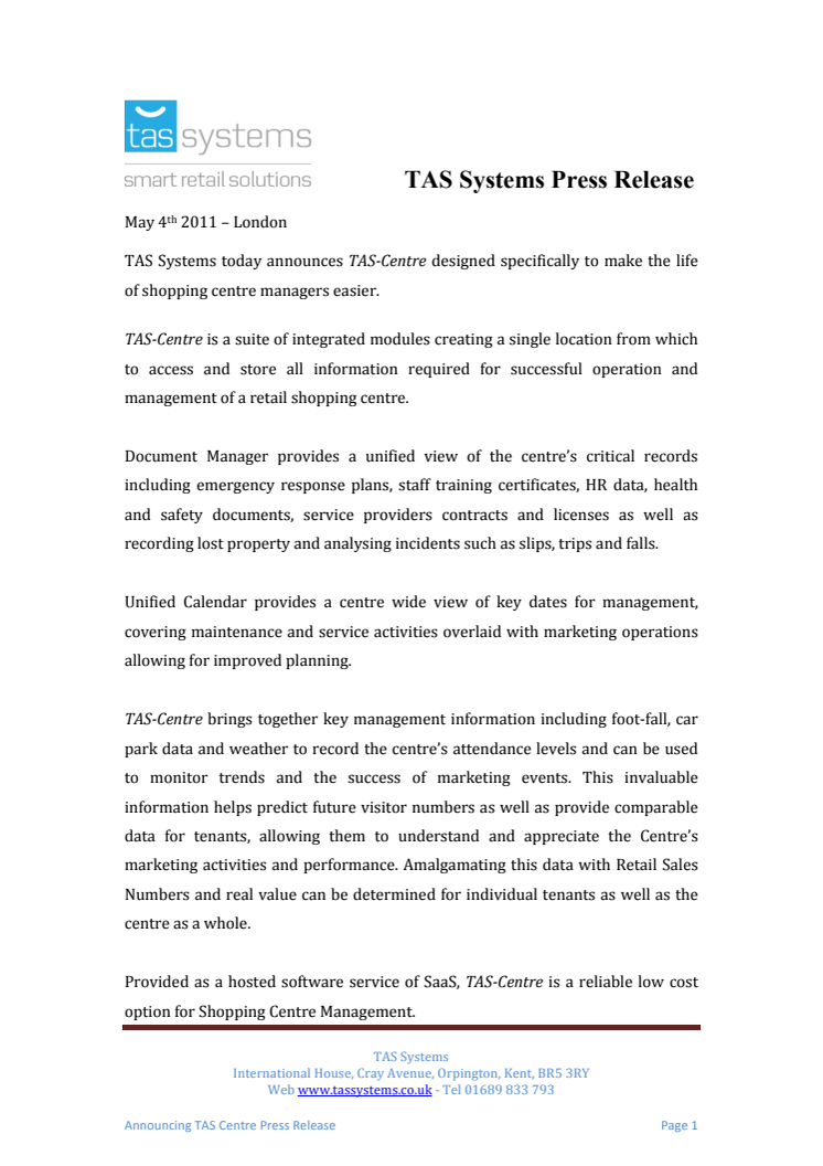 TAS Systems announces TAS-Centre 