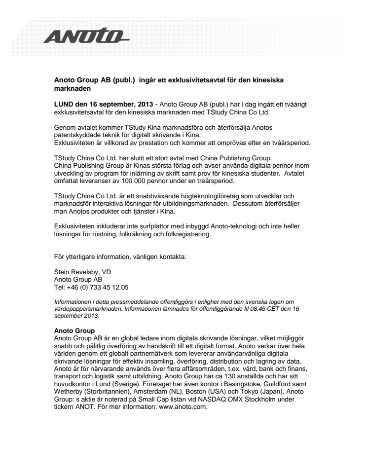 Anoto Group AB (publ.)  ingår ett exklusivitetsavtal för den kinesiska marknaden