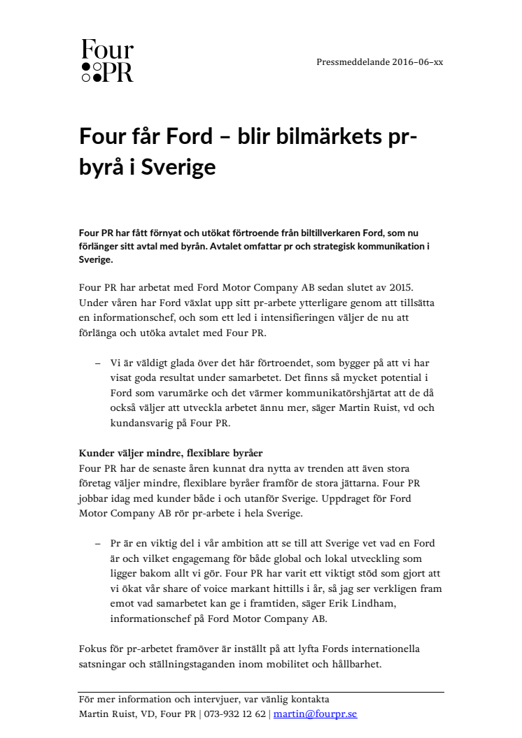 Four får Ford – blir bilmärkets pr-byrå i Sverige