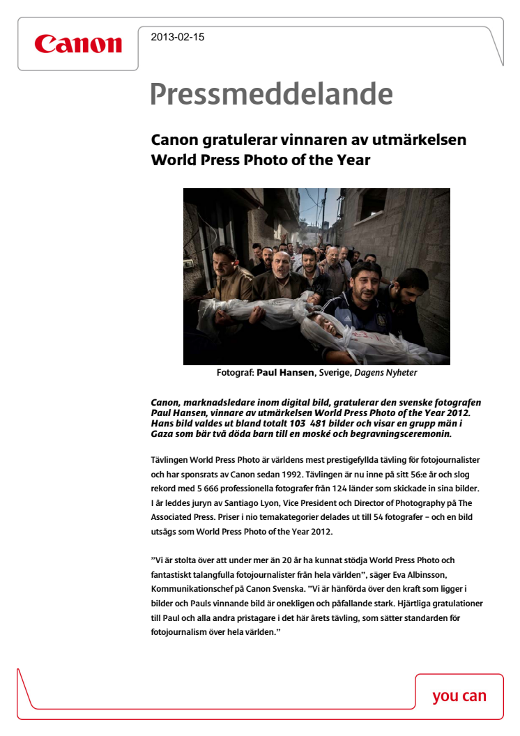 Canon gratulerar vinnaren av utmärkelsen World Press Photo of the Year