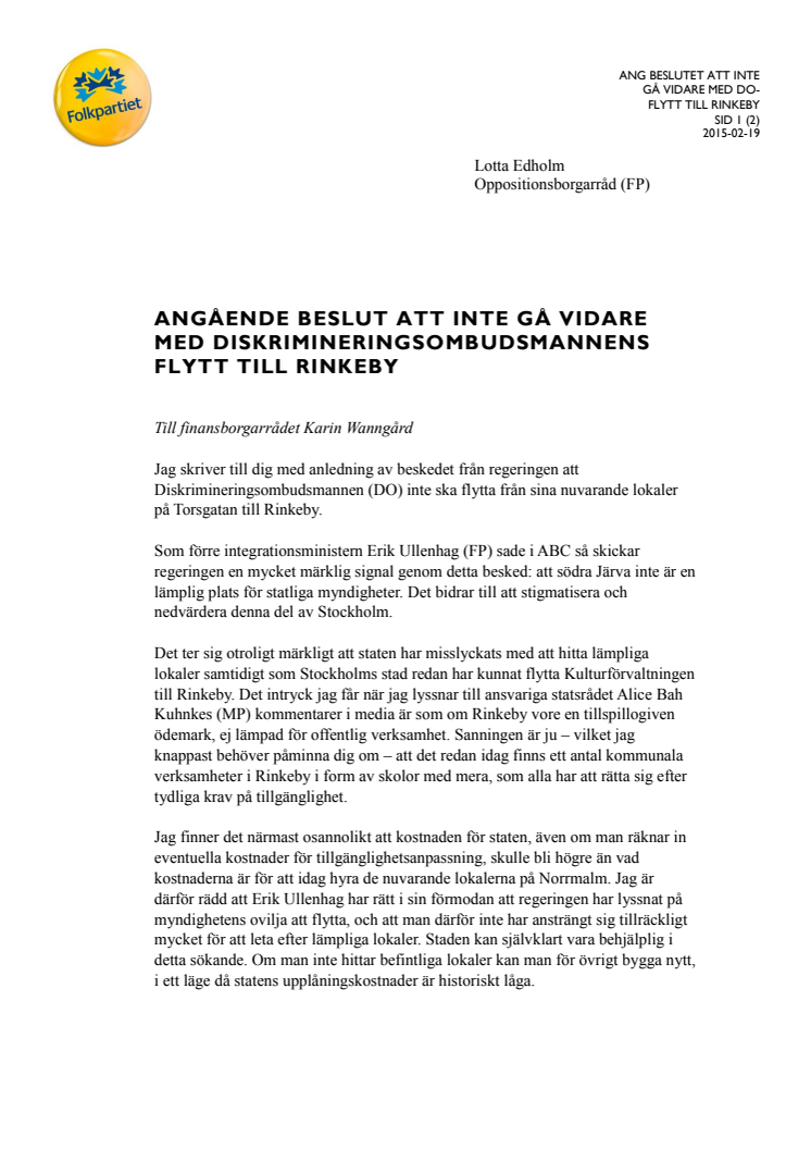 Öppet brev till Karin Wanngård (S) om stoppad DO-flytt