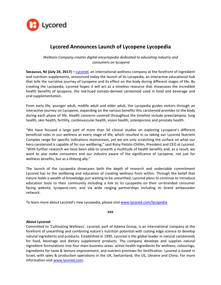 Lycored Announces Launch of Lycopene Lycopedia