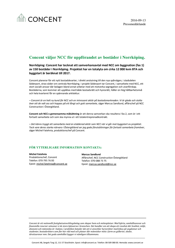 Concent väljer NCC för uppförandet av bostäder i Norrköping