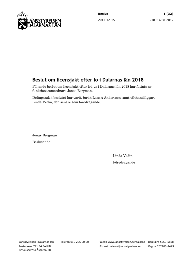 Beslut om licensjakt efter lo i Dalarnas län 2018