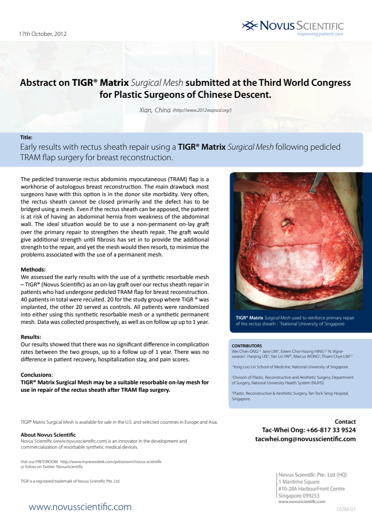 Abstract on TIGR® Matrix Surgical Mesh submitted at the 3rd World Congress for Plastic Surgeons of Chinese Descent.