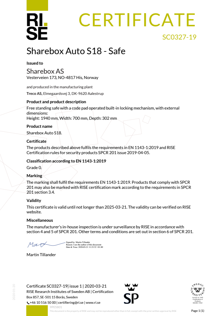 Certificate RI.SE, EN 1143-1:2019, Sharebox Auto S18 - Safe