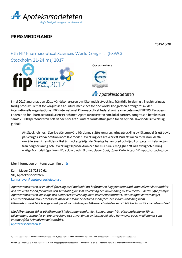 Apotekarsocieteten medarrangör för världskongress om läkemedelsutveckling 2017