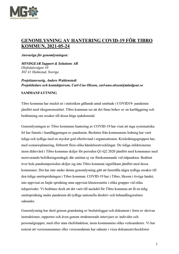Rapport om Tibro kommuns hantering av coronapandemin 2020-21