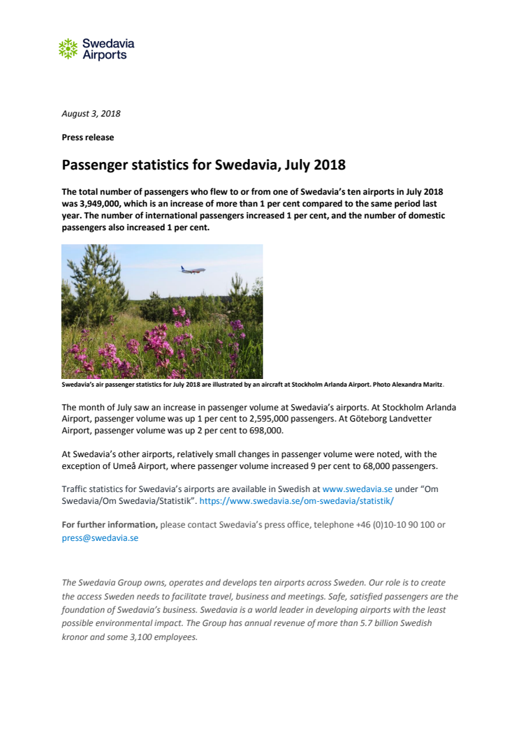 Passenger statistics for Swedavia, July 2018