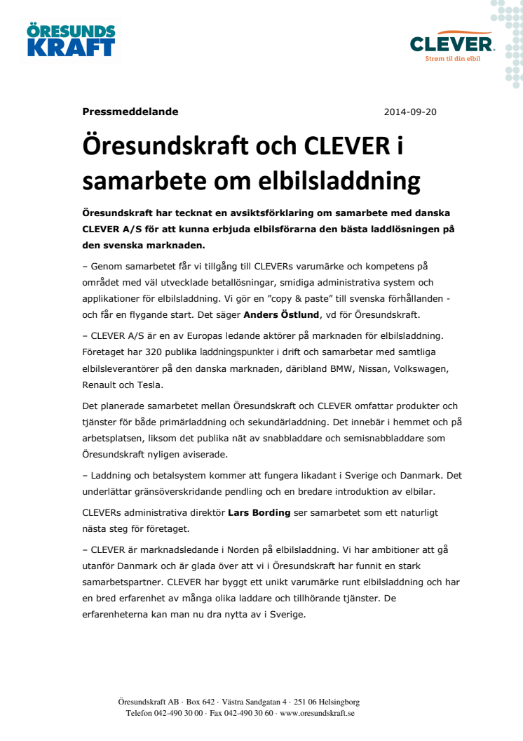 Öresundskraft och CLEVER i samarbete om elbilsladdning