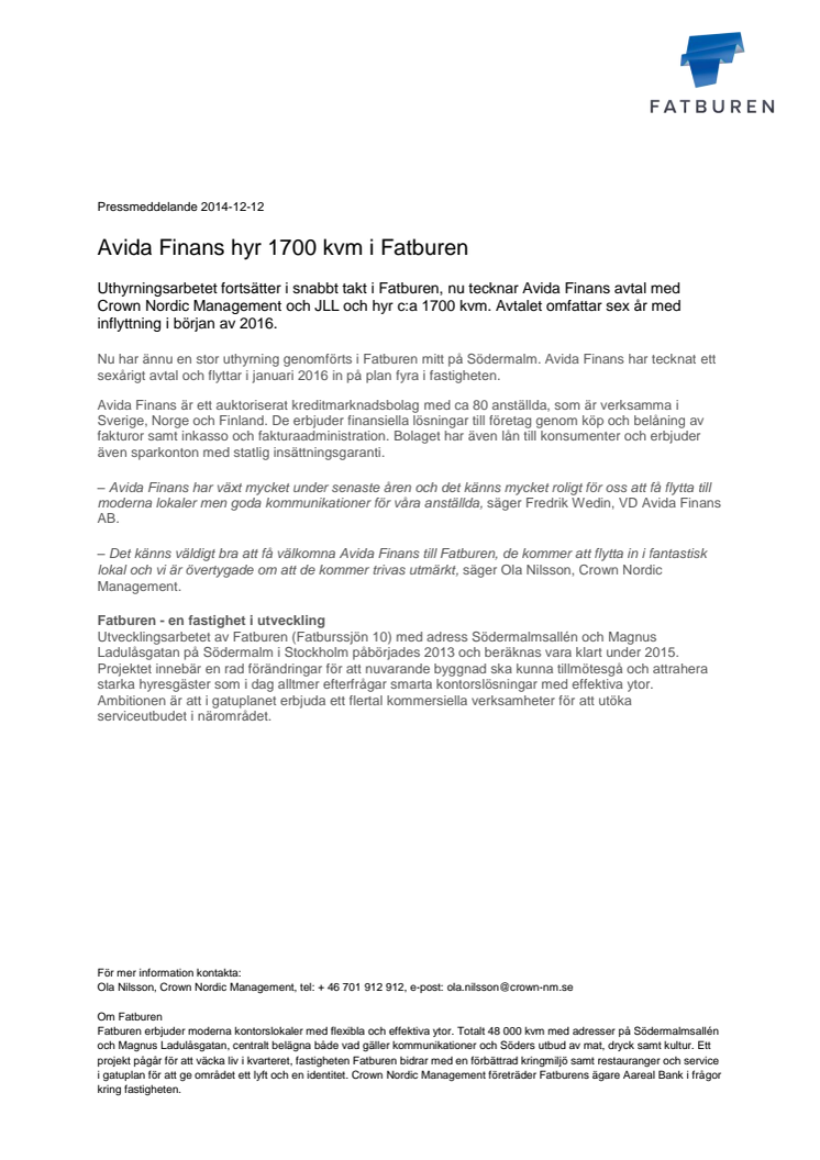Avida Finans hyr 1700 kvm i Fatburen