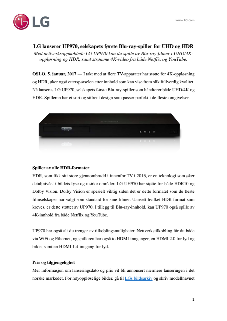 LG lanserer UP970, selskapets første Blu-ray-spiller for UHD og HDR 