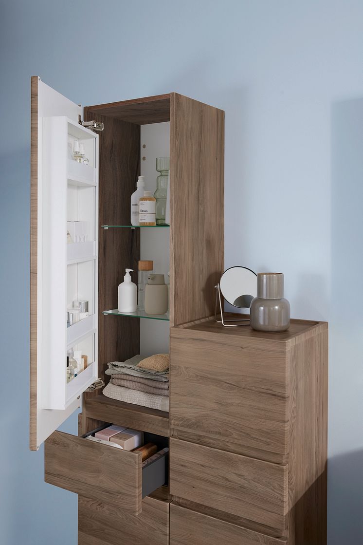 2021 Renova Plan bathroom hickory tall cabinet open_Original