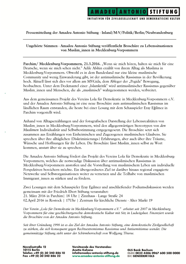 Ungehörte Stimmen - Amadeu Antonio Stiftung veröffentlicht Broschüre zu Lebenssituationen von Muslim_innen in Mecklenburg-Vorpommern 