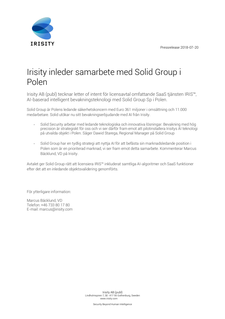 Irisity inleder samarbete med Solid Group i Polen