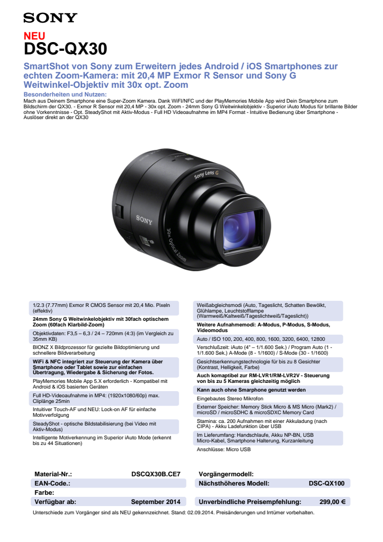 Datenblatt SmartShot DSC-QX30 von Sony