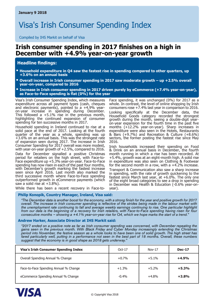 Irish consumer spending for 2017 finishes on a high with +4.9% year-on-year growth in December