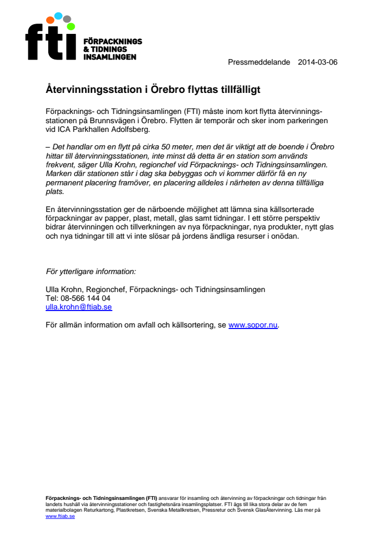 Återvinningsstation i Örebro flyttas tillfälligt