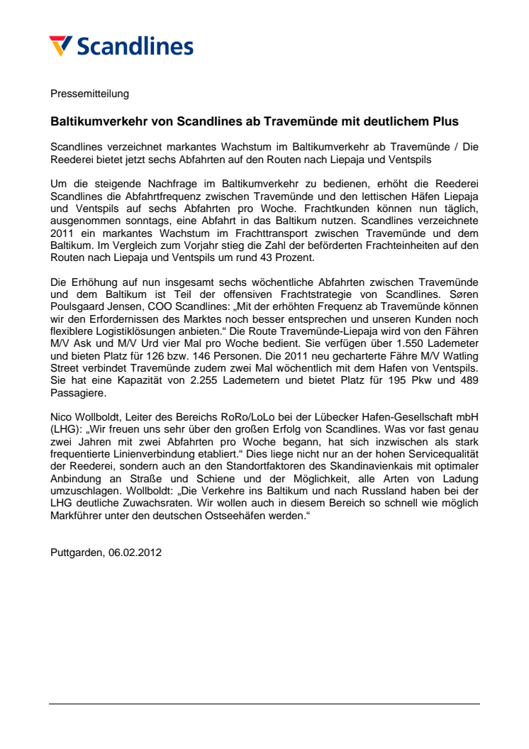 Baltikumverkehr von Scandlines ab Travemünde mit deutlichem Plus