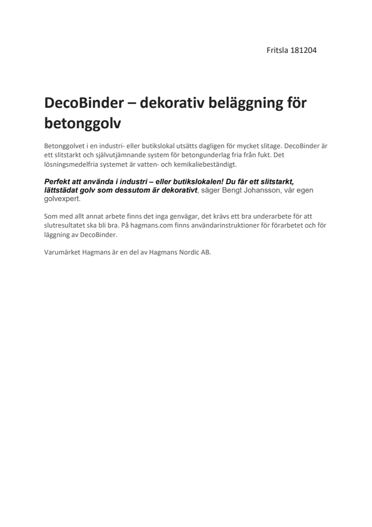 DecoBinder – dekorativ beläggning för betonggolv